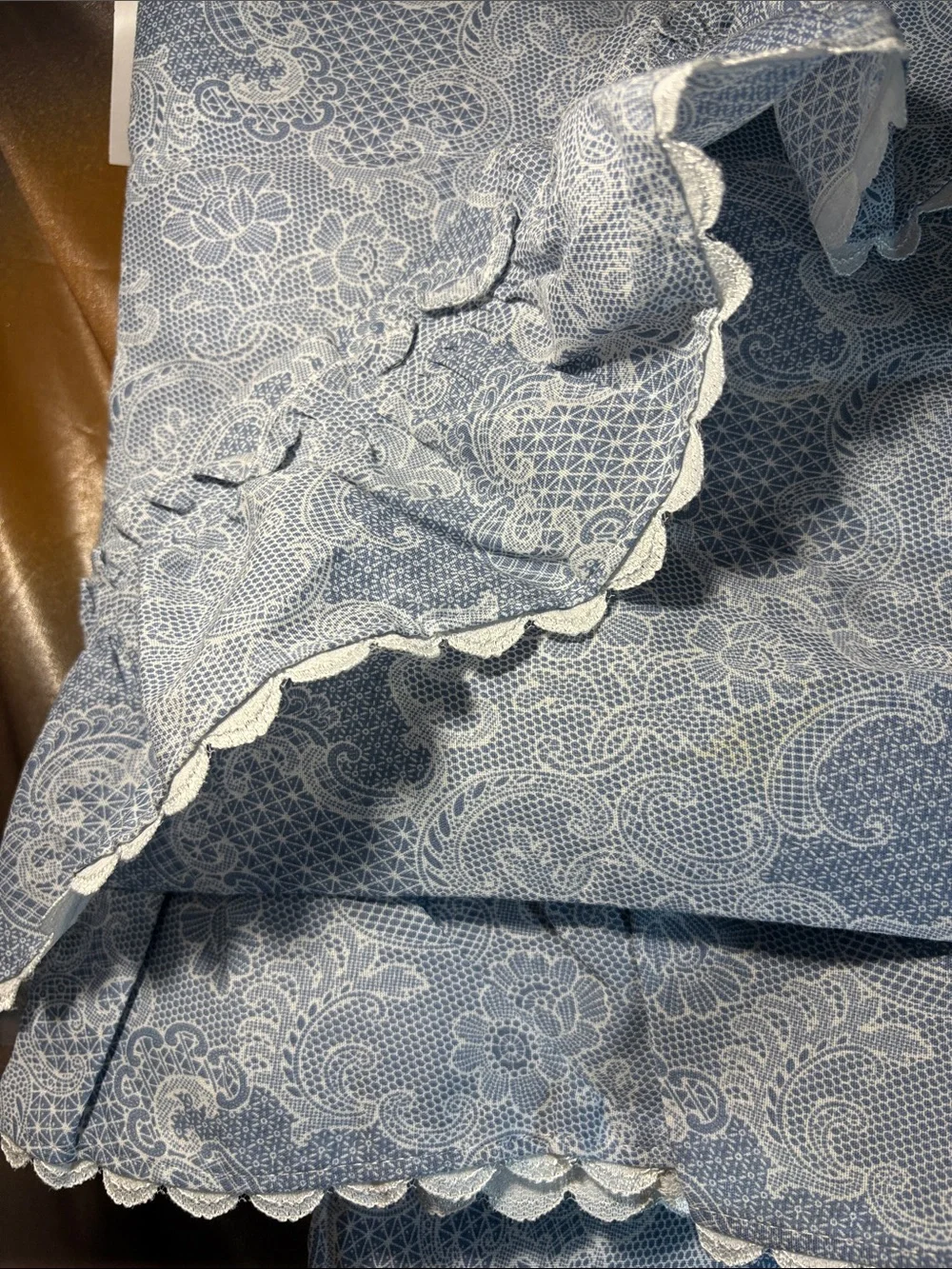 Vintage 5 piec NWOT Blue Paisley Ruffle curtain 2 side panels 1 middle valance A